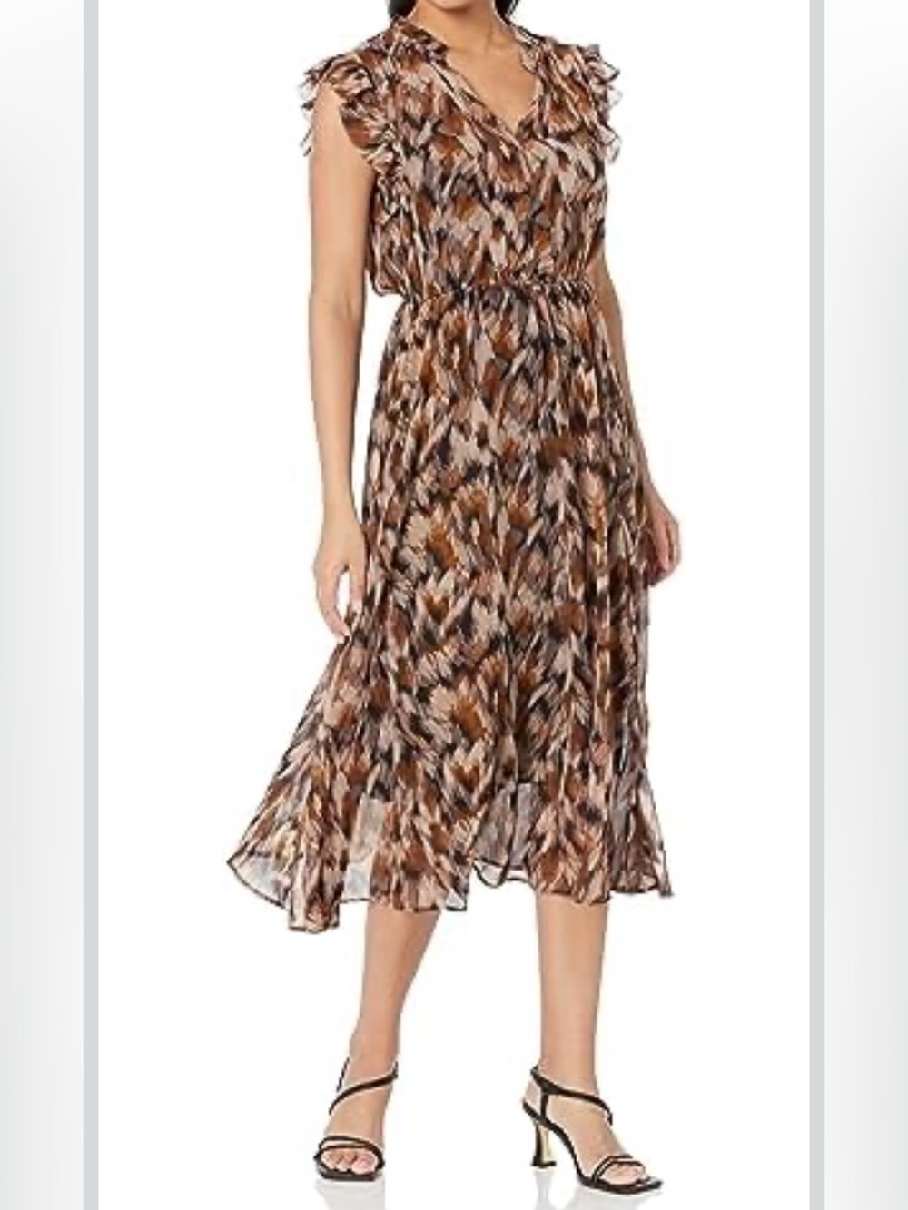 Steve Madden Allegra Brown Multi-Print Ruffle Midi Dress
